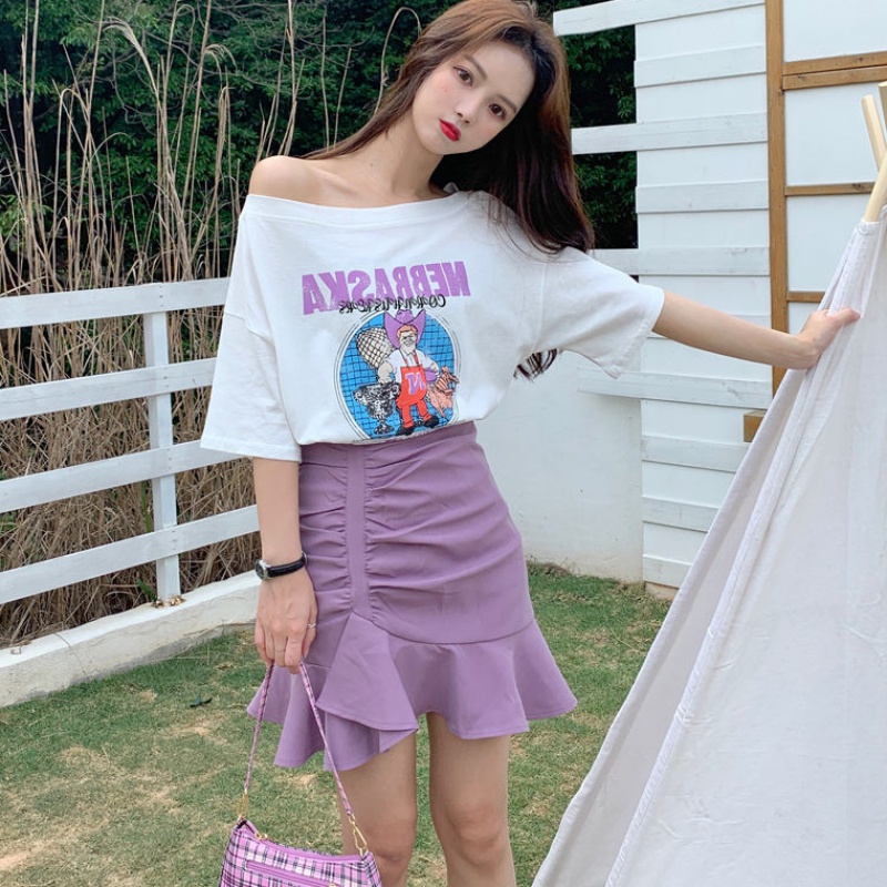 2452 White T-shirt + Purple Skirtsummer Short skirt summer wear skirt suit female 2020 new pattern Korean version fashion Internet celebrity little chap skirt Two piece set