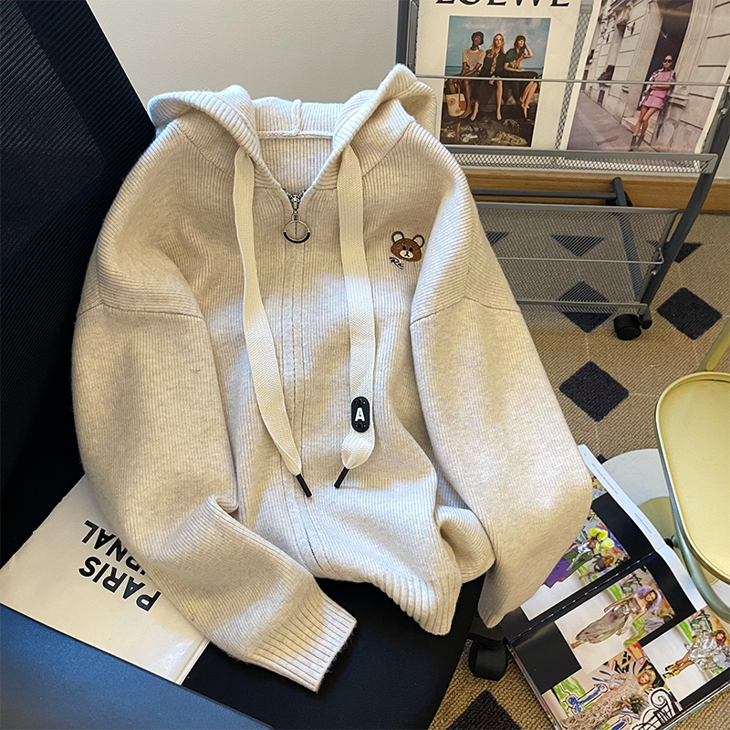 Gray Embroidered Bear Drawstring Hooded Zip-Up Sweater Jacket for Women, Autumn and Winter, Stylish, Lazy Design, Loose Top