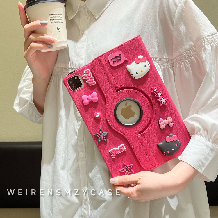 Suitable for Apple iPad Cartoon Kt Cat 360-Degree Leather Case iPad Protective Shell 10.2 Inch 9.7 Rotating Air6 Anti-Fall 345Mini6 New Pro11 Tablet iPad 9 Ninth Generation iPad 10 Shell