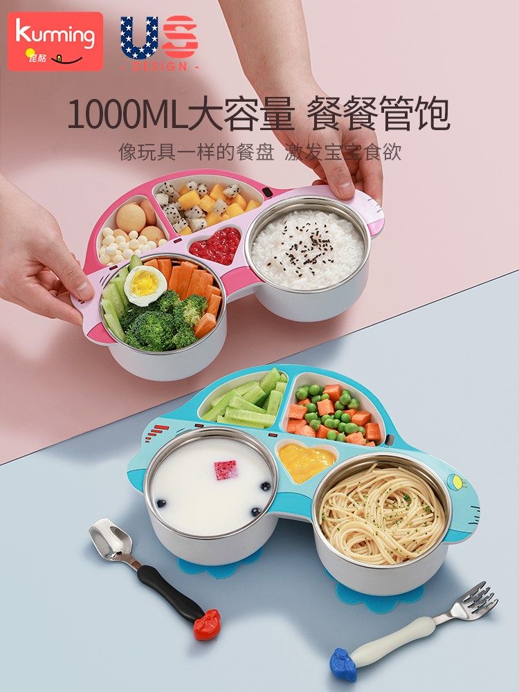 Children's Dinner Plate with Compartments, Water-Filled Insulated Bowl and Chopsticks, Cartoon Design for Boys and Girls, Stainless Steel Baby Tableware Set