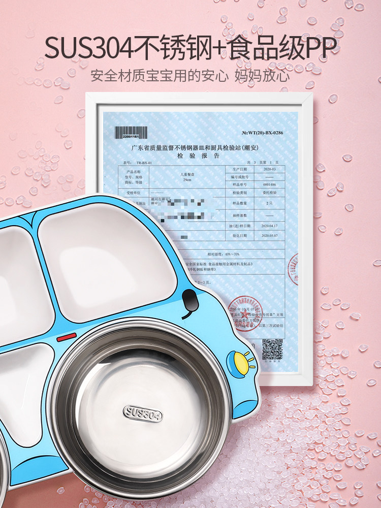 Children's Dinner Plate, Stainless Steel Baby Eating Bowl and Chopsticks, Cartoon Anti-Fall Household Spoon, Suction Cup, Divided Baby Tableware Set