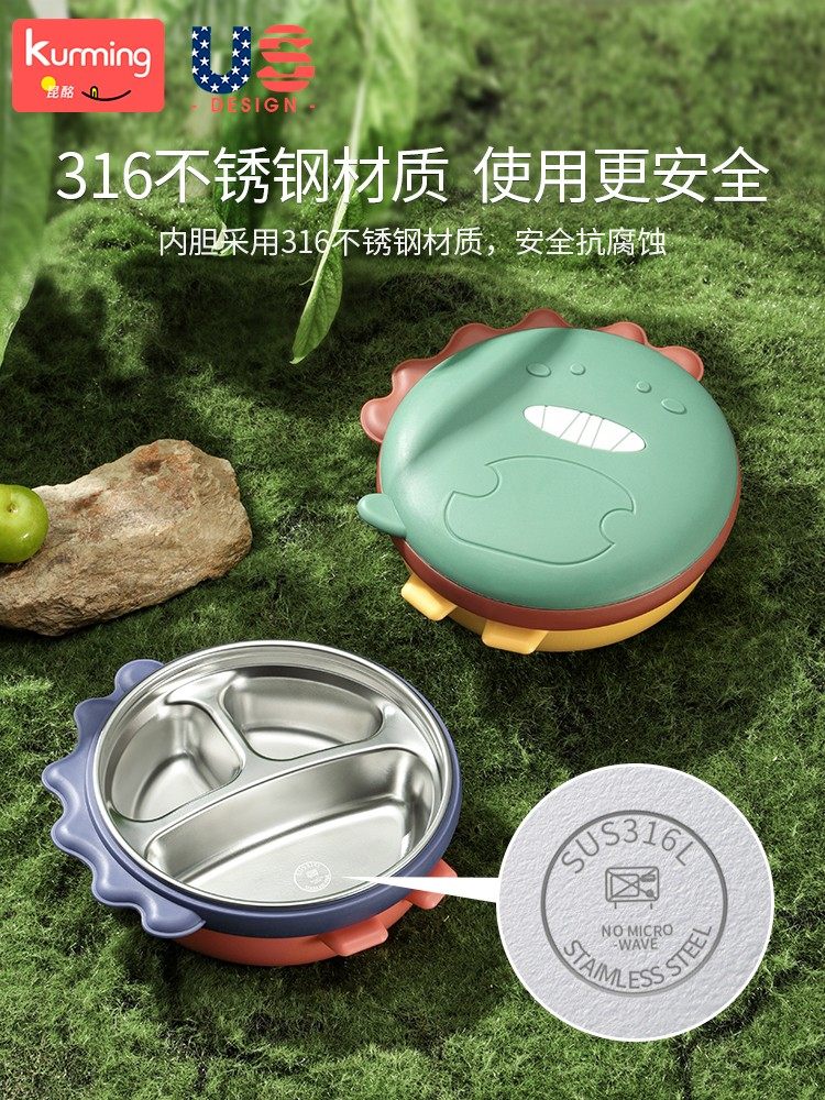 Stainless Steel Children's Dinner Plate with Suction Cup, Water-Filled Insulated Bowl, Baby Divided Plate, Infant Supplementary Food Tableware, Cartoon Design