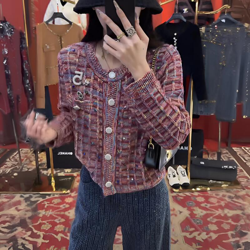 2025 Autumn/Winter Chanel-Style Fine Shimmer Plaid Design Knitted Long-Sleeve Cardigan Short Slim-Fit Light Luxury Rhinestone Top