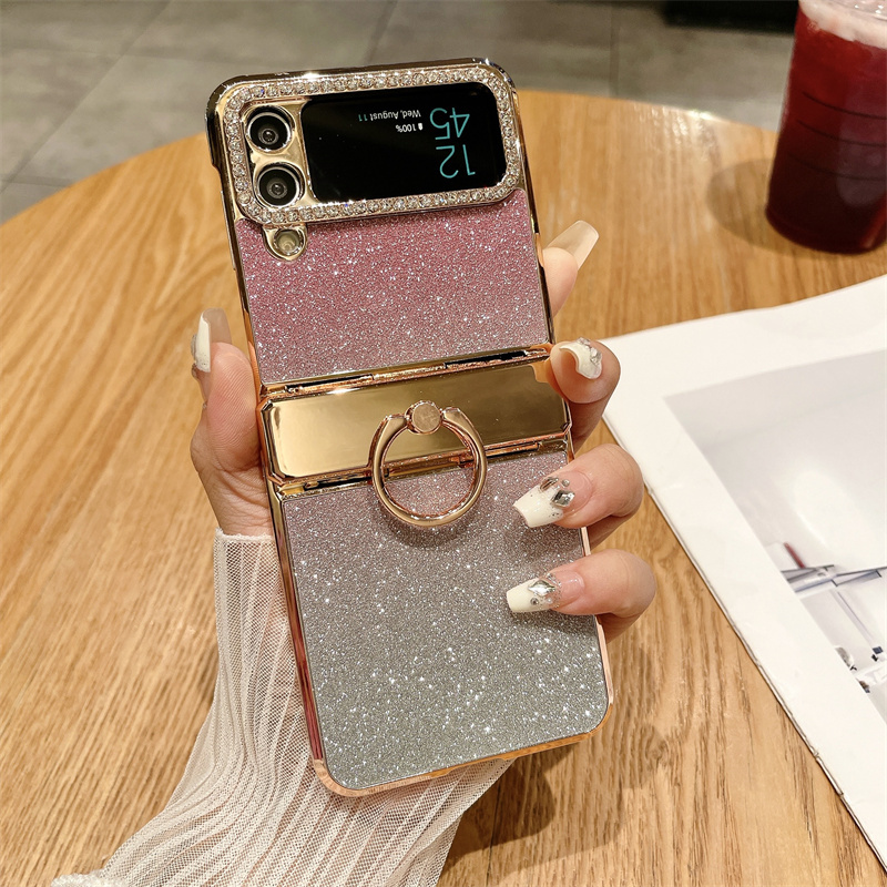 Samsung Z Flip 4 Phone Case, New Stylish and High-End Z Flip 3 Full-Cover Anti-Drop Protective Case, Galaxy Glitter Rhinestone Luxury Electroplated Folding Screen Creative Ring, Trendy and Suitable for Women