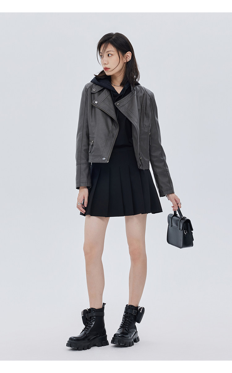 Кожаная куртка 覆古斜拉炼 炼 𫔀短款机车风上衣2025新款春秋立领修身黑色pu皮衣外套女 Tnxn