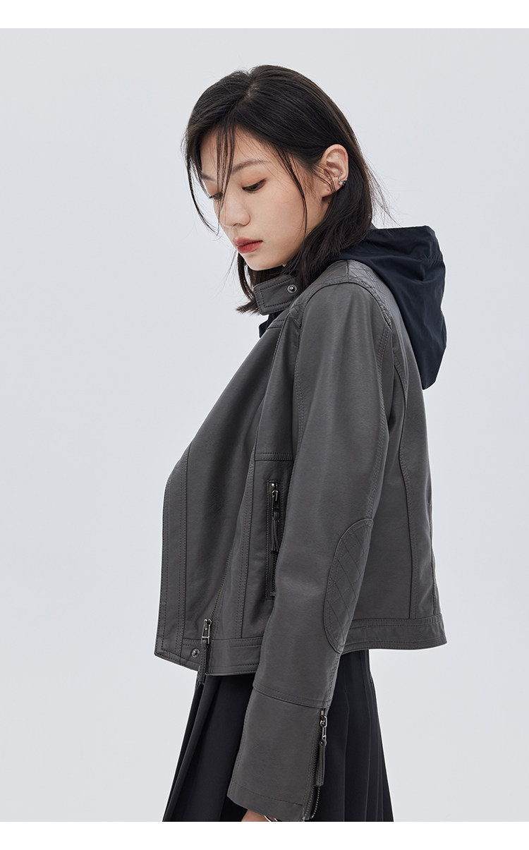 Кожаная куртка 覆古斜拉炼 炼 𫔀短款机车风上衣2025新款春秋立领修身黑色pu皮衣外套女 Tnxn