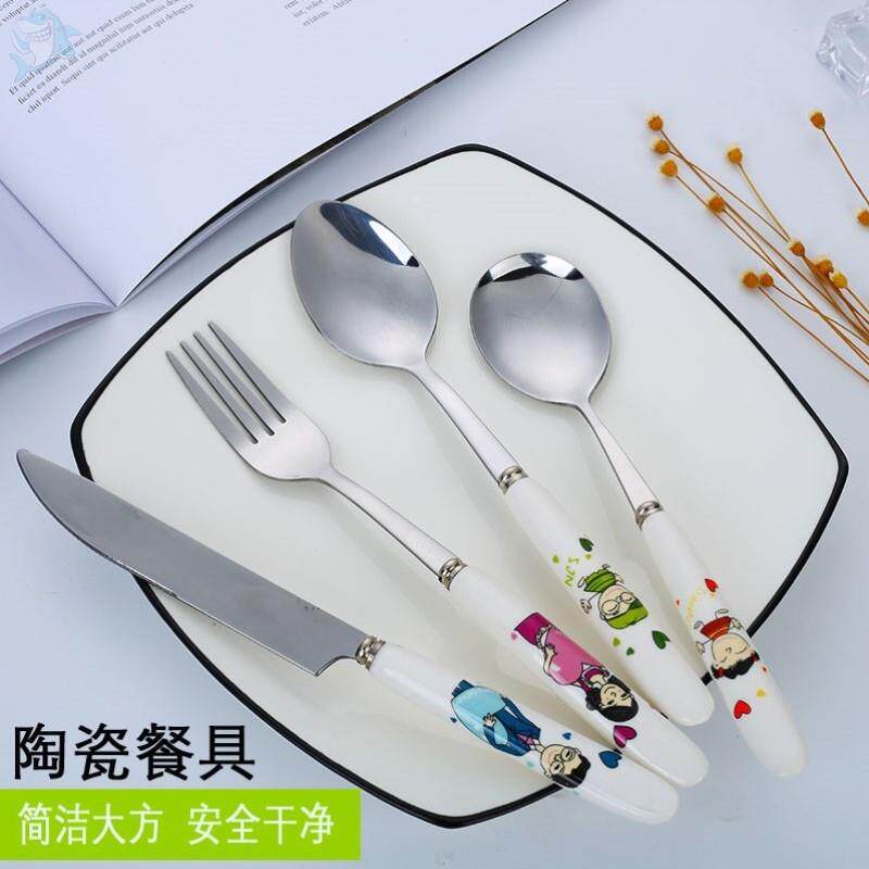 Children's knife and fork in wind ceramic handle household stainless steel tablespoon thicken cartoon portable tableware spoon knife and fork spoon