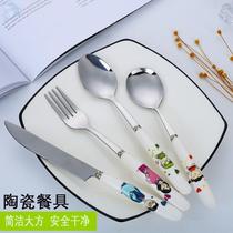 Child Knife Fork Ins Wind Ceramic Handle Home Stainless Steel Soup Spoon Thickened Cartoon Portable Cutlery Spoon Fork Spoon Sleeve