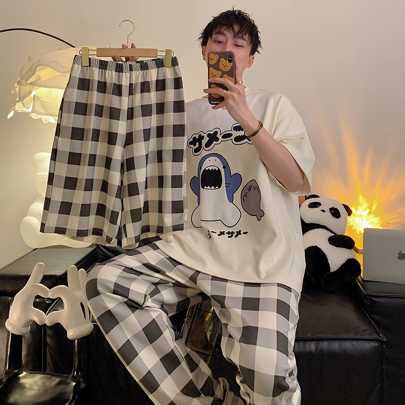Spring and Summer Pure Cotton Short-Sleeved Long Pants Pajamas Men's Round Neck Cartoon Shark Shorts Three-Piece Set Student Home Clothes