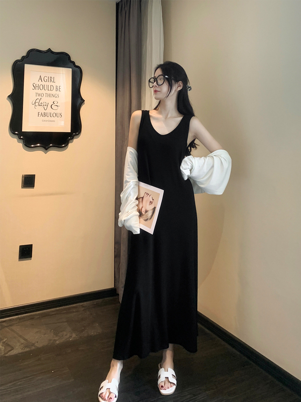 Liv Muna2026 Tummy-Covering Draped Dress Black Sleeveless Loose Dress Women's Modal Camisole Long Dress