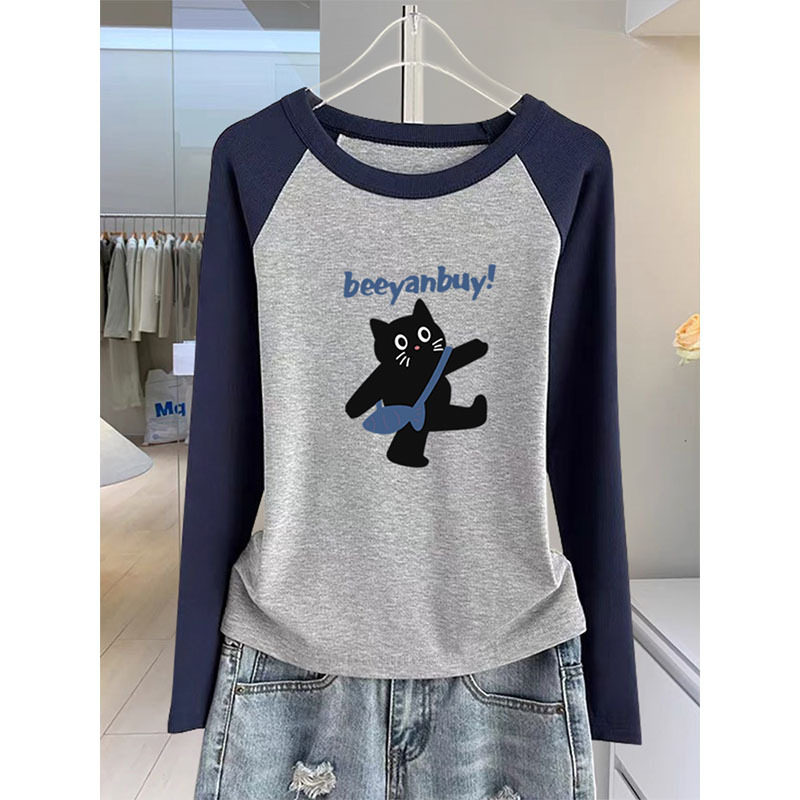 European Style Unique Color-Blocked Regular Shoulder Pure Cotton Long-Sleeve T-Shirt for Women, Slim Fit, Age-Reducing, Versatile Top, Base Layer for Autumn and Winter