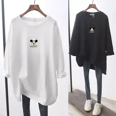 2021 new popular autumn cotton long sleeve T-shirt women Loose medium and long version Korean top long version spring and autumn