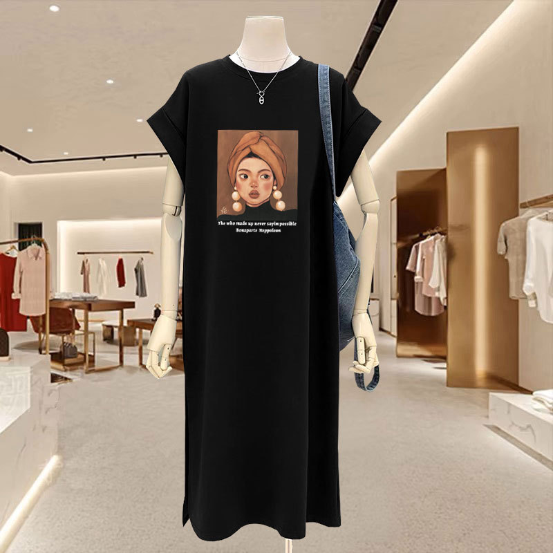 2026 New Style Flutter Sleeve Pure Cotton T-Shirt Long Dress for Women, Loose Casual Plus Size Dress, Black Long Dress for Summer