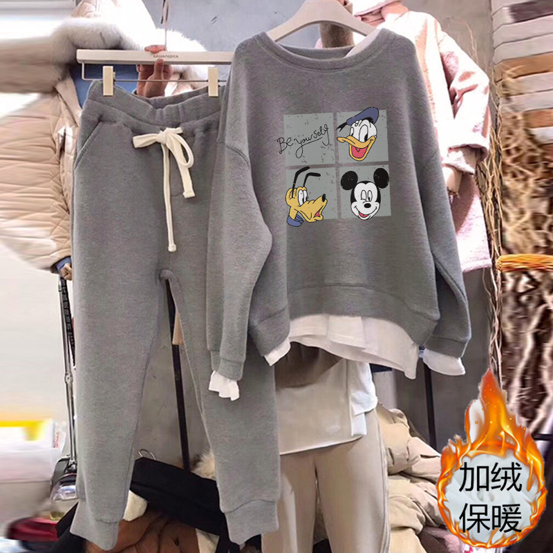 South Korea East gate loose Lean Fashion Thick T-shirt Suit Women Casual Sports Two Suits Plus Suede Thickened Autumn winter