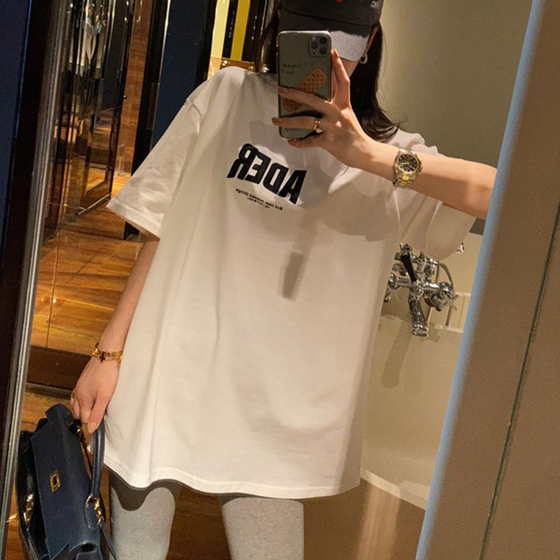 2022 new summer loaded short sleeves T-shirt woman medium long version Korean version loose pure cotton white printed letter blouses summer