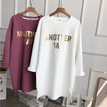  2021 pure cotton long-sleeved t-shirt womens Korean loose ins mid-length autumn and winter large size thickened brushed bottoming shirt