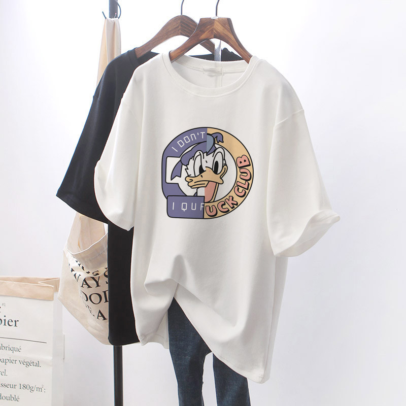 2022 new short-sleeved T-shirt women's mid-length version loose casual cotton top white Donald Duck undershirt Korean version