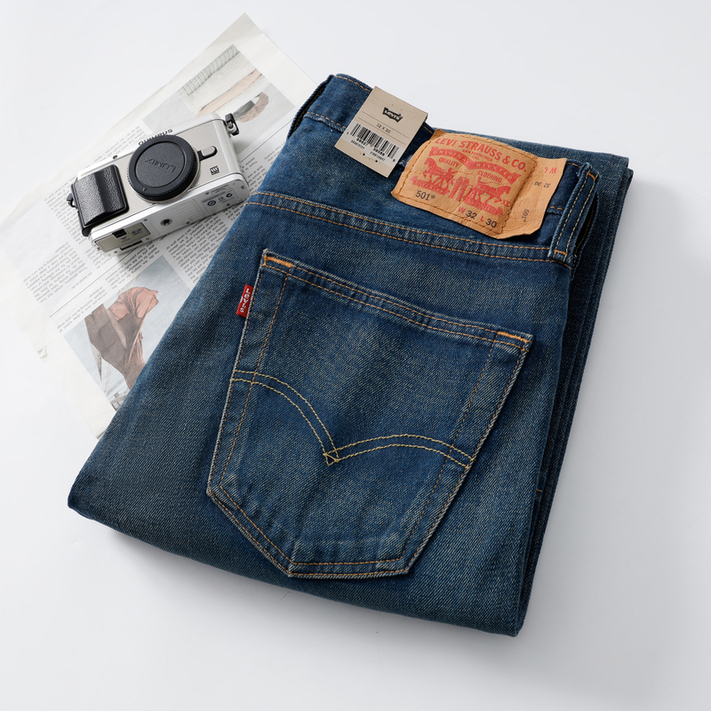 American Version of Levis/Levi's 501 Series Straight-Leg Mid-Rise Dark Blue Whiskered Faded Distressed Denim Pants for Men