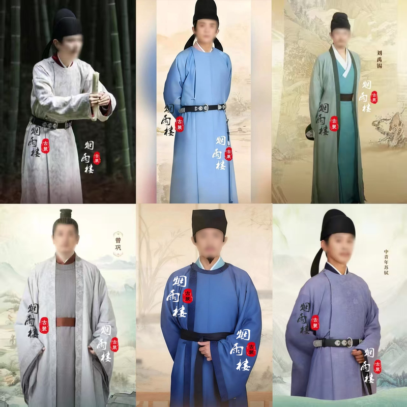 Cotton and Linen Men's Hanfu Scholar Clothing with a Round Collar and Long Robe, Similar to Those Worn by the Eight Great Masters of the Tang and Song Dynasties: Su Shi, Han Yu, and Li Bai