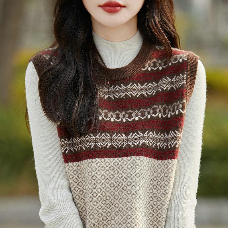 Retro Chinese-Style Wool Vest for Women, Round-Neck Knitted Jacquard Vest, Base Layer Sweater for Autumn and Winter, Color-Blocked Sleeveless Sweater Vest