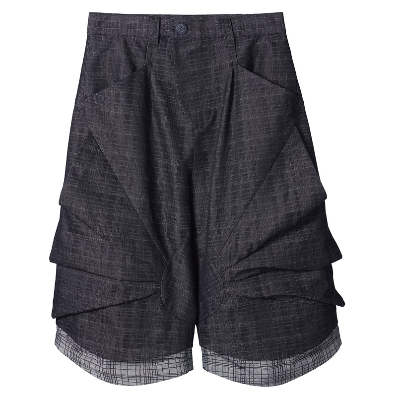 54A0 [Roll-Up Hem Shark Pants] Oversized Deconstructed Patchwork Loose-Fitting Original Design Textured Plaid Denim Capri Shorts