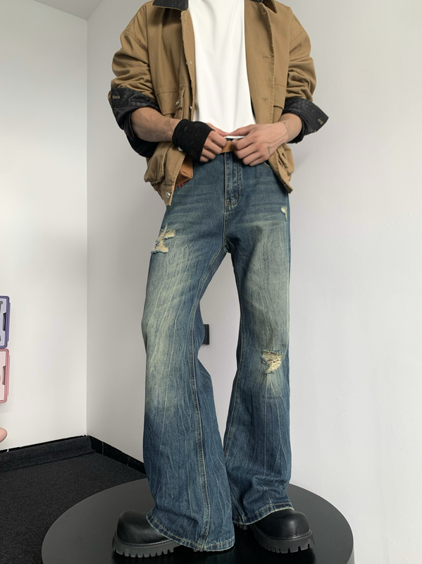 Light Subculture Youthful Washed Blue Ripped Jeans Unisex Cleanfit American Slim Fit Flared Pants