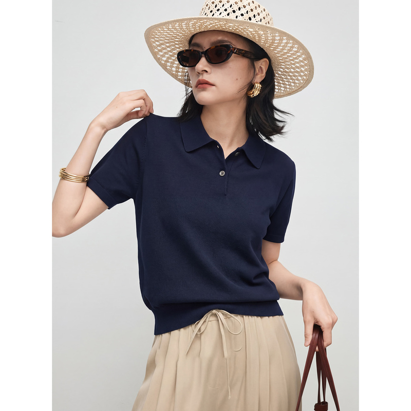 French-Style Old Money Navy Blue Casual Polo Shirt T-Shirt for Women, Summer Vintage Turn-Down Collar Knitted Short-Sleeve Ice Silk Top French-Style Old Money Navy Blue Casual Polo Shirt T-Shirt for Women, Summer Vintage Turn-Down Collar Knitted Short-Sleeve Ice Silk Top