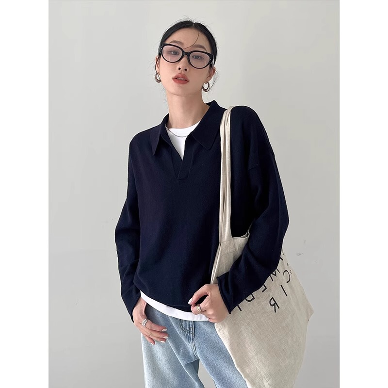 American-Style Polo Collar Long-Sleeve Knit Sweater for Women, Autumn and Winter, High-End Navy Blue, Loose and Lazy V-Neck, Old Money Style Top American-Style Polo Collar Long-Sleeve Knit Sweater for Women, Autumn and Winter, High-End Navy Blue, Loose and Lazy V-Neck, Old Money Style Top