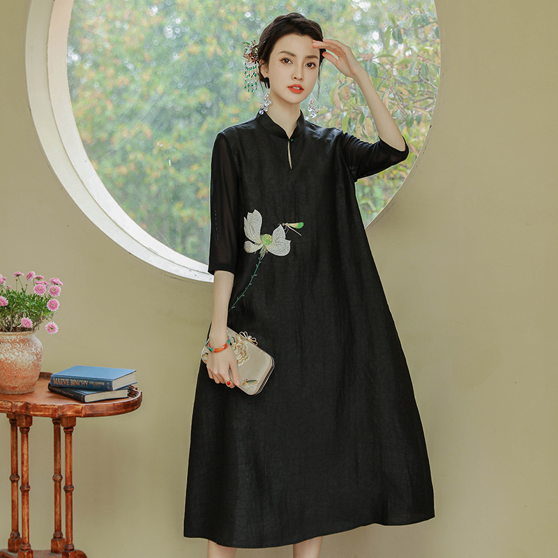 Elegant Silk Mulberry Silk Chinese Style Long Dress Spring and Summer Stand Collar Fragrant Cloud Yarn Crackle Pattern Dress Women's New Elegant Style Elegant Silk Mulberry Silk Chinese Style Long Dress Spring and Summer Stand Collar Fragrant Cloud Yarn Crackle Pattern Dress Women's New Elegant Style