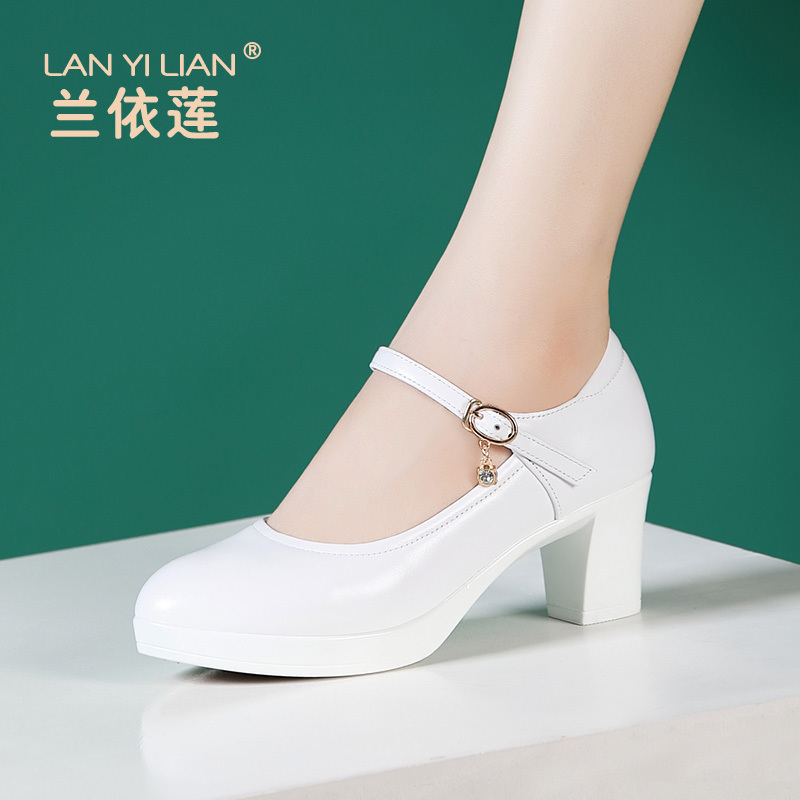 Cheongsam Runway Show Buckle High Heels Women's Chunky Mid-Heel Round-Toe Genuine Leather Shoes White Work Shoes Comfortable for Long Standing