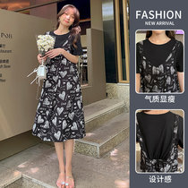 Maternity wear summer new fashion trendy mom fake two-piece t-shirt dress loose large size cover the belly and look slim for small people