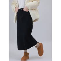 Sister Hu solid color winter new high waist thin fleece slit skirt womens mid-length a-line bag hip skirt