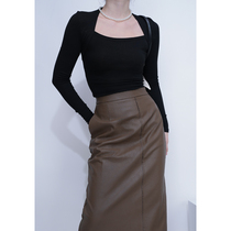 Sister Hu French style gentle long-sleeved square-neck t-shirt female self-cultivation thin fake two-piece top autumn and winter solid color bottoming shirt