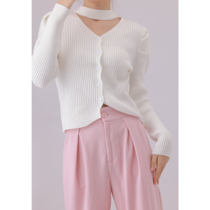 Sister Hu hanging neck V-neck hollow knit sweater womens 2022 winter new single-breasted button puff sleeve bottoming top