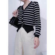 Sister Hu black and white striped V-neck knitted cardigan womens autumn and winter Korean style small fragrance style thin sweater jacket