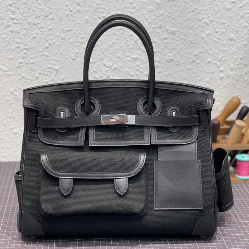 Handmade Flap Bag Cargo35 First-Layer Cowhide Leather and Canvas Kelly High-End Large-Capacity Handbag for Women