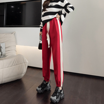 Red side strip sports pants woman autumn winter high waist 100 lap harun bunches pants small sub 90% draw rope guard pants