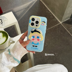 작은 신선한 일본 및 한국 만화 블루 격자 무늬 울음 소리 아이폰에 적합한 아기 16 Promax Apple 15Pro 휴대폰 케이스 13/14 새로운 안티 폴 16Pro 보호 케이스 16 자기 브래킷 최대 패키지