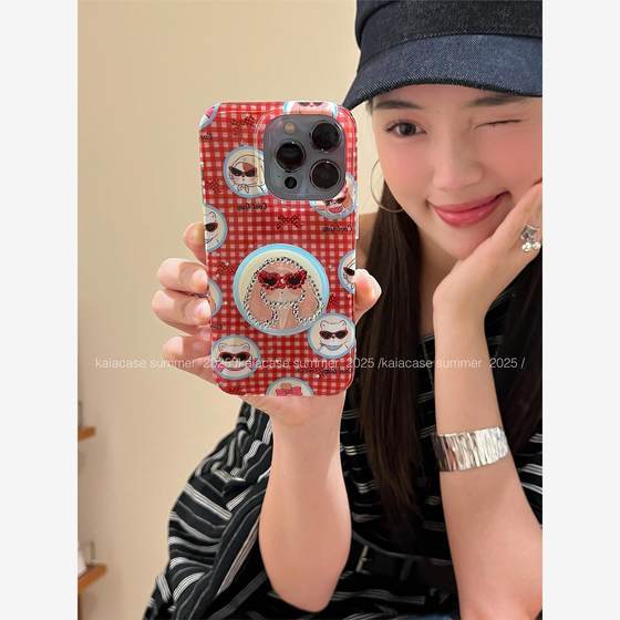 틈새 레드 체크 무늬 모조 다이아몬드 고양이 토끼 선글라스 Apple 16promax 휴대 전화 케이스 iPhone 13 New 15 Women 14Pro 괄호 16Pro 더블 레이어 안티 폴 휴대 전화 케이스