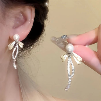 925 Silver Needle Pearl Bow Zircon Tassel Earrings for Women, Light Luxury High-End Earrings, 2025 New Style