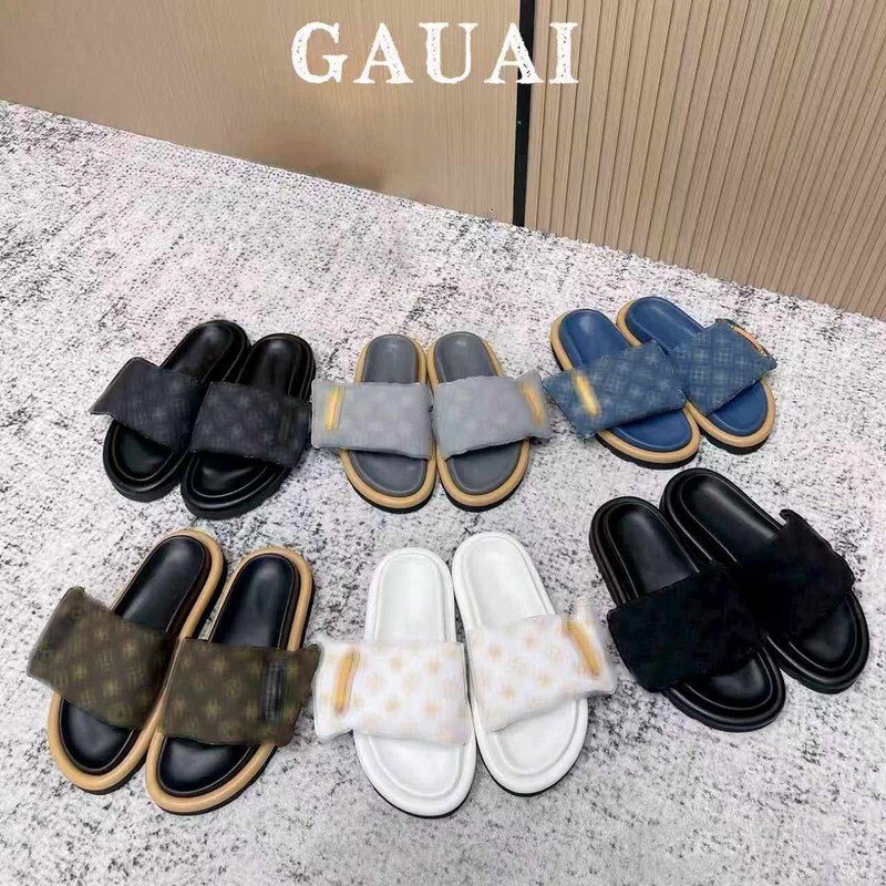 Gauai~Guangzhou Edition Denim Blue New Style Velcro Thick-Soled Slippers for Women Casual Outdoor Wear Bread Pattern Couple Shoes