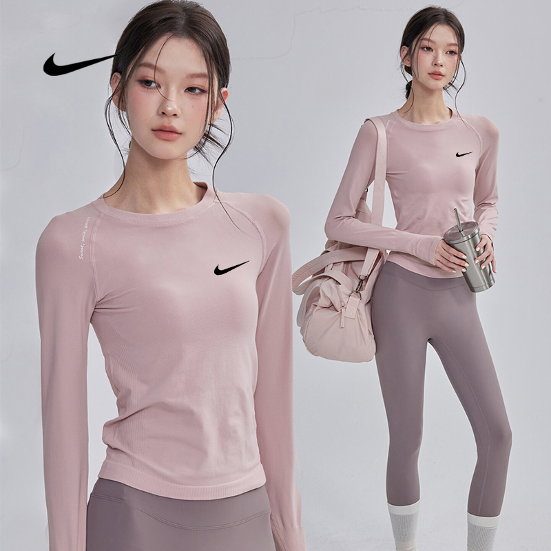 Nike Nike Long-Sleeved Yoga Wear Women's High-Elastic Fitness Quick-Drying Top Round Neck Pilates Running T-Shirt