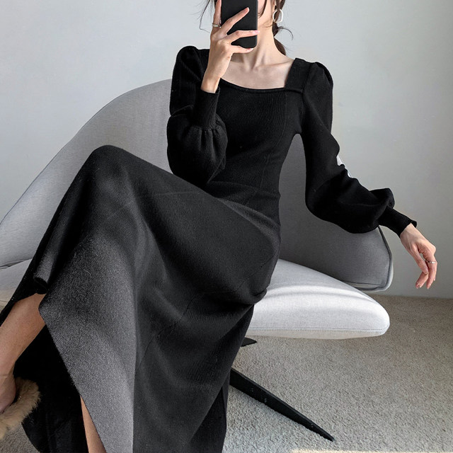 Autumn and winter 2021 new style cold wind chic square neck temperament sweater long skirt high sense of base knitted dress women