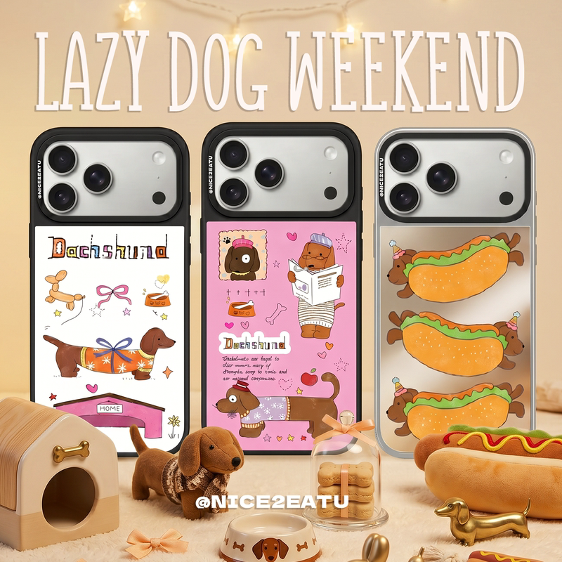 Nice2Eatu Original Design Phone Case [Dachshund's Weekend] iPhone 17 Pro Max Magnetic Silver Frame Apple 16 Phone Case Protective Cover with a Textured Pink Cute Cartoon Dog Design