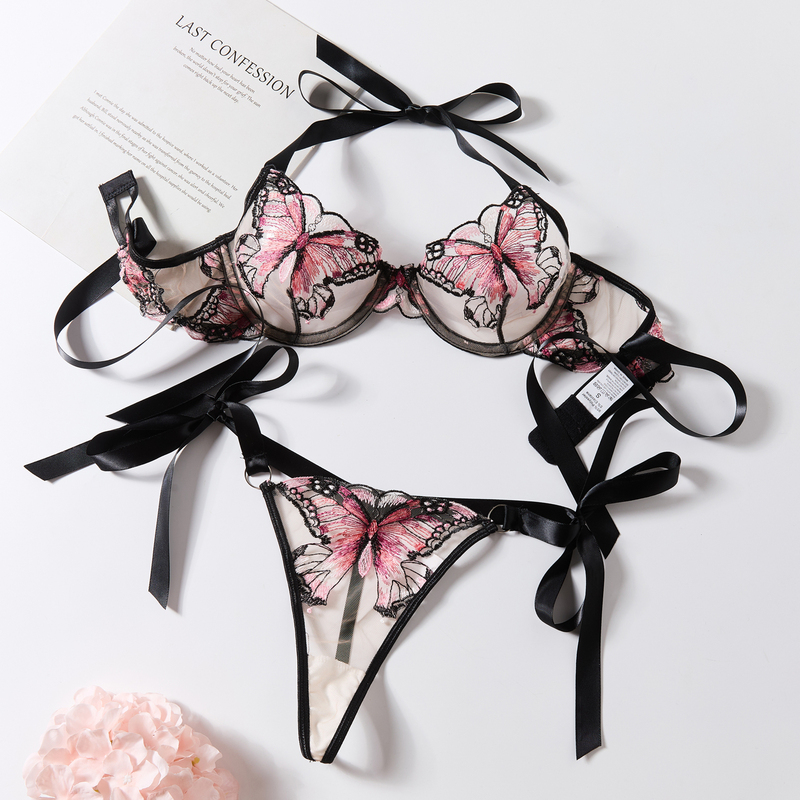 Summer French-Style Thin Transparent Embroidered Erotic Lingerie for Women, Comfortable Lift-Up Pure Desire Lace-Up Sexy Bra Set