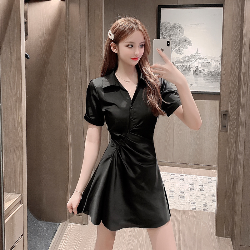 Summer Black French Satin Elegant Shirt Dress for Women, High-Quality, Waist-Cinching, Slimming Little Black Dress, Short Skirt