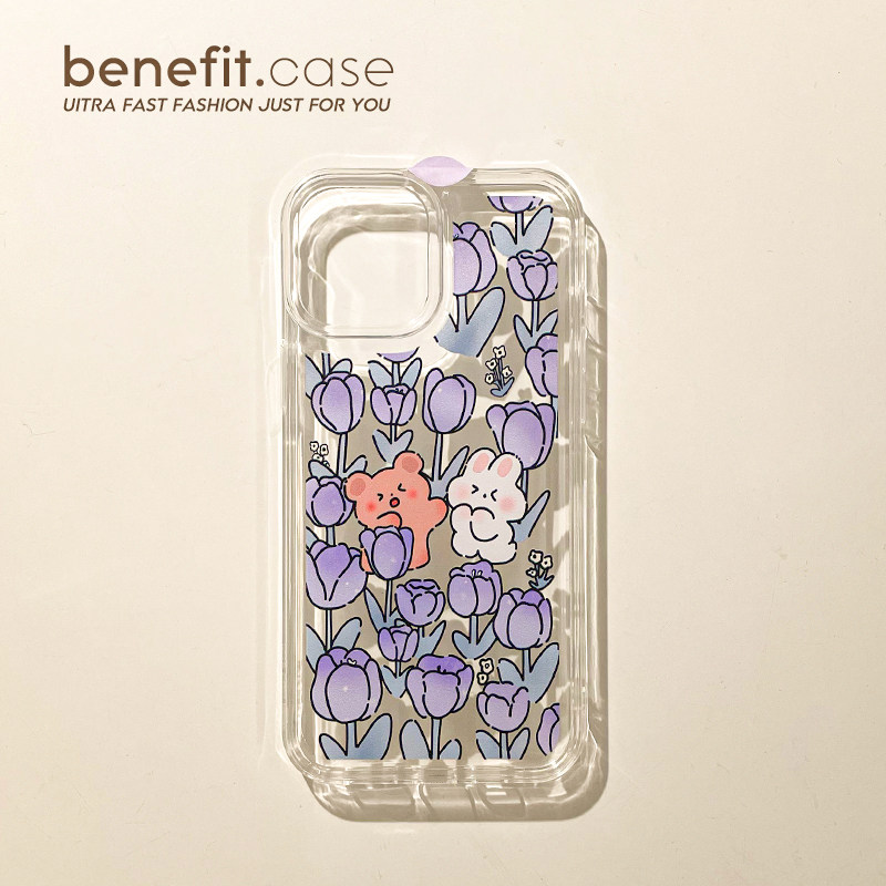 Benefit Cute Purple Tulip Small Bear Rabbit applies Apple 13promax mobile phone protective shell fresh iphone12mini cartoon xsmax silicone xr