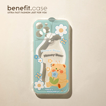 Benefit Katinins blue wave flowers bear application Apple 13promax mobile phone shell iphone12mini soft