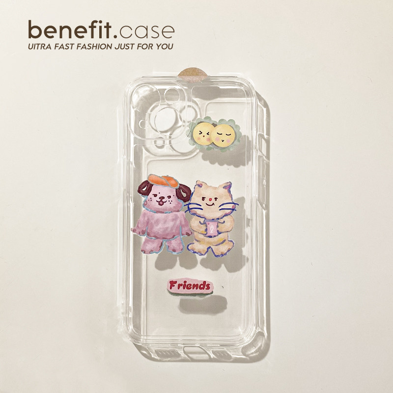 Benefit Japan-ROK cartoon oil painting cat dog applies Apple 13promax mobile phone protection shell original iphone12mini cartoon xsmax teenage girl xr transparent 8