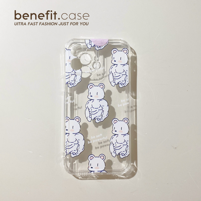 Benefit original cute muscle bear transparent application Apple 13promax mobile phone protection shell iphone12mini protective sleeve xsmax personality xr Japan-ROK 8